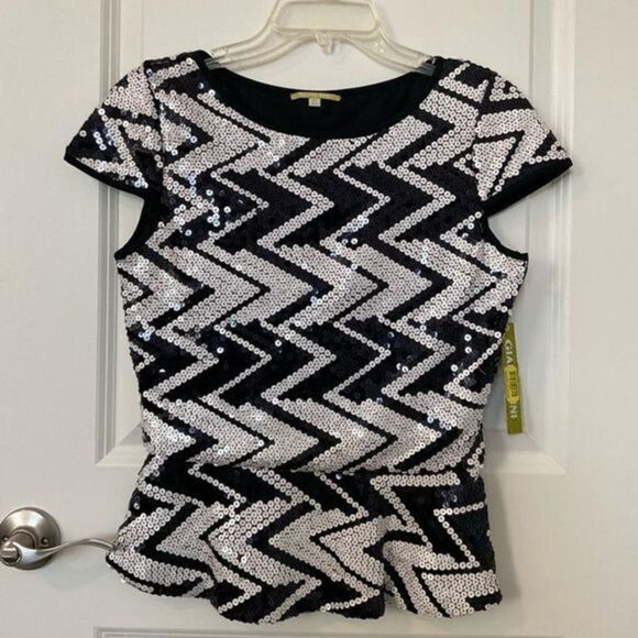 Gianni Bini Charlotte Sequin Chevron Peplum Blouse - Picture 1 of 3